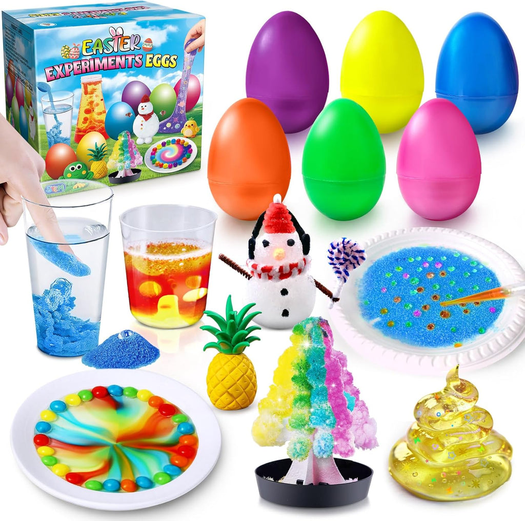 UNGLINGA Six Experiments Eggs Easter Science Kit front view showing colorful surprise eggs and scientific play components.