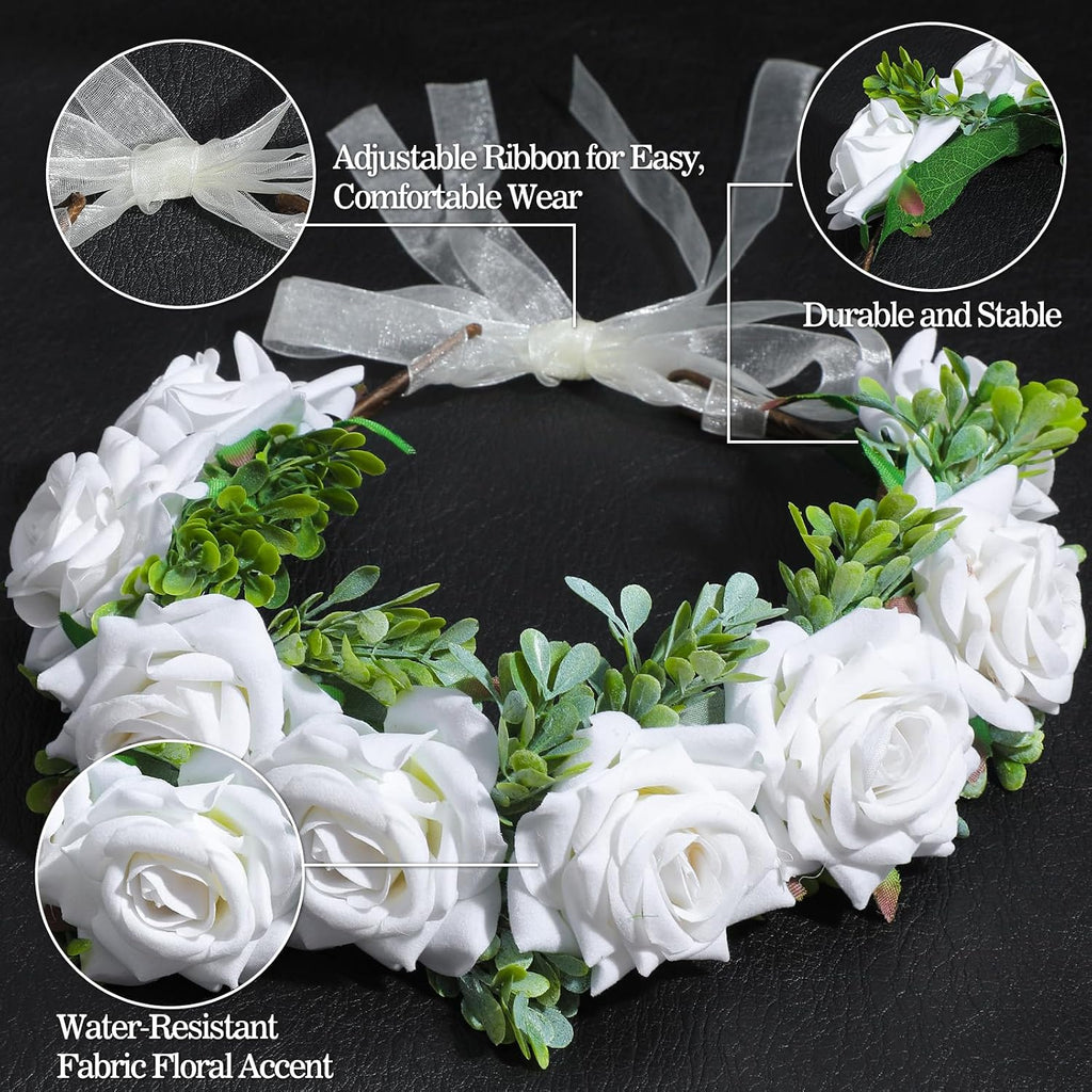 Quilax handmade white flower crown close up detail on high quality polyester material.