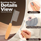 Wooden handle pet grooming tool held in hand