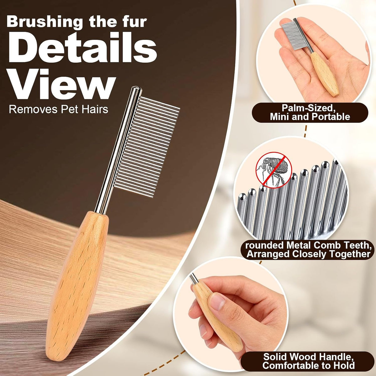 Wooden handle pet grooming tool held in hand