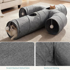 Three way cat play tunnel with center peek hole and hanging plush ball accessory