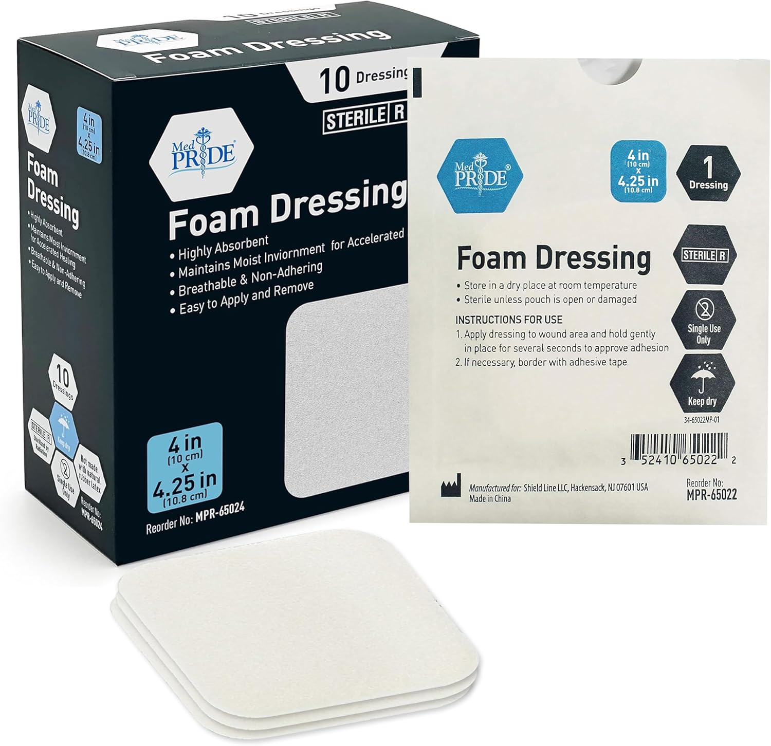 Med Pride sterile foam dressings front packaging view for advanced wound care
