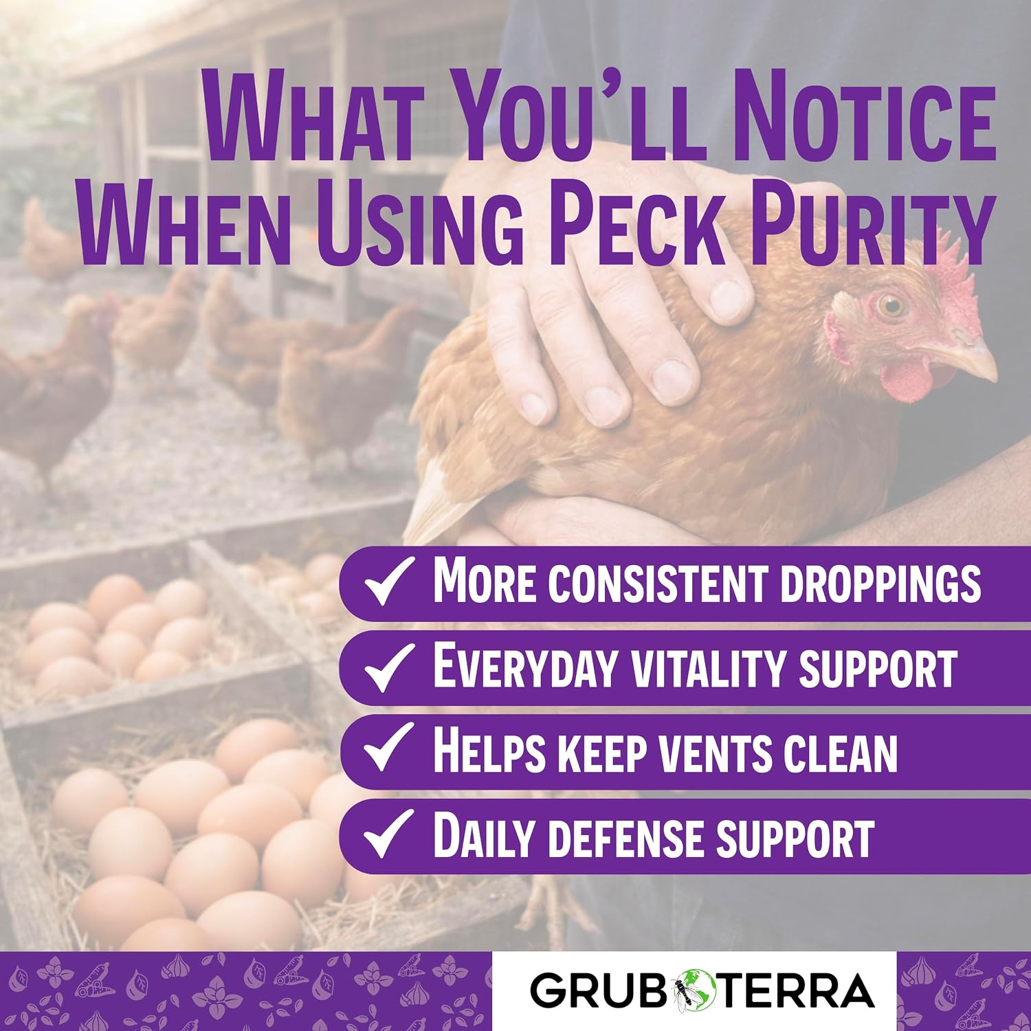 GrubTerra PeckPurity herbal chicken wormer support package backing with scoop instructions