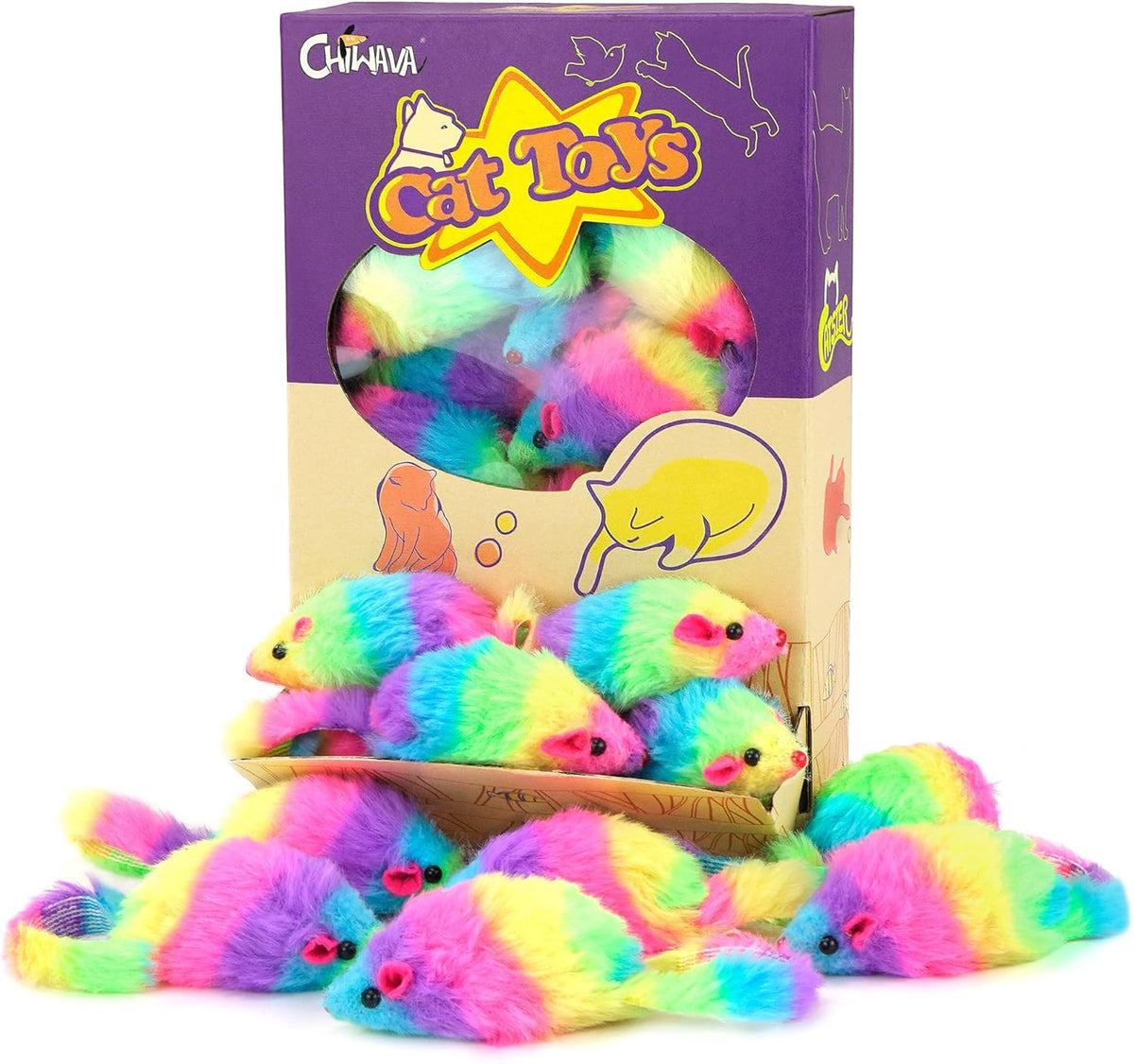 CHIWAVA 36PCS 1.8" Rainbow Color Furry Cat Toy Mice with Rattle Kitten Mouse Interactive Play - Image 10