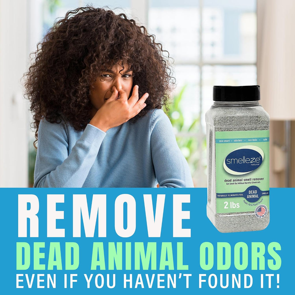 Smelleze two pounds dead animal deodorizer application guide showing how to sprinkle on target surfaces.