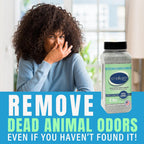 Smelleze two pounds dead animal deodorizer application guide showing how to sprinkle on target surfaces.