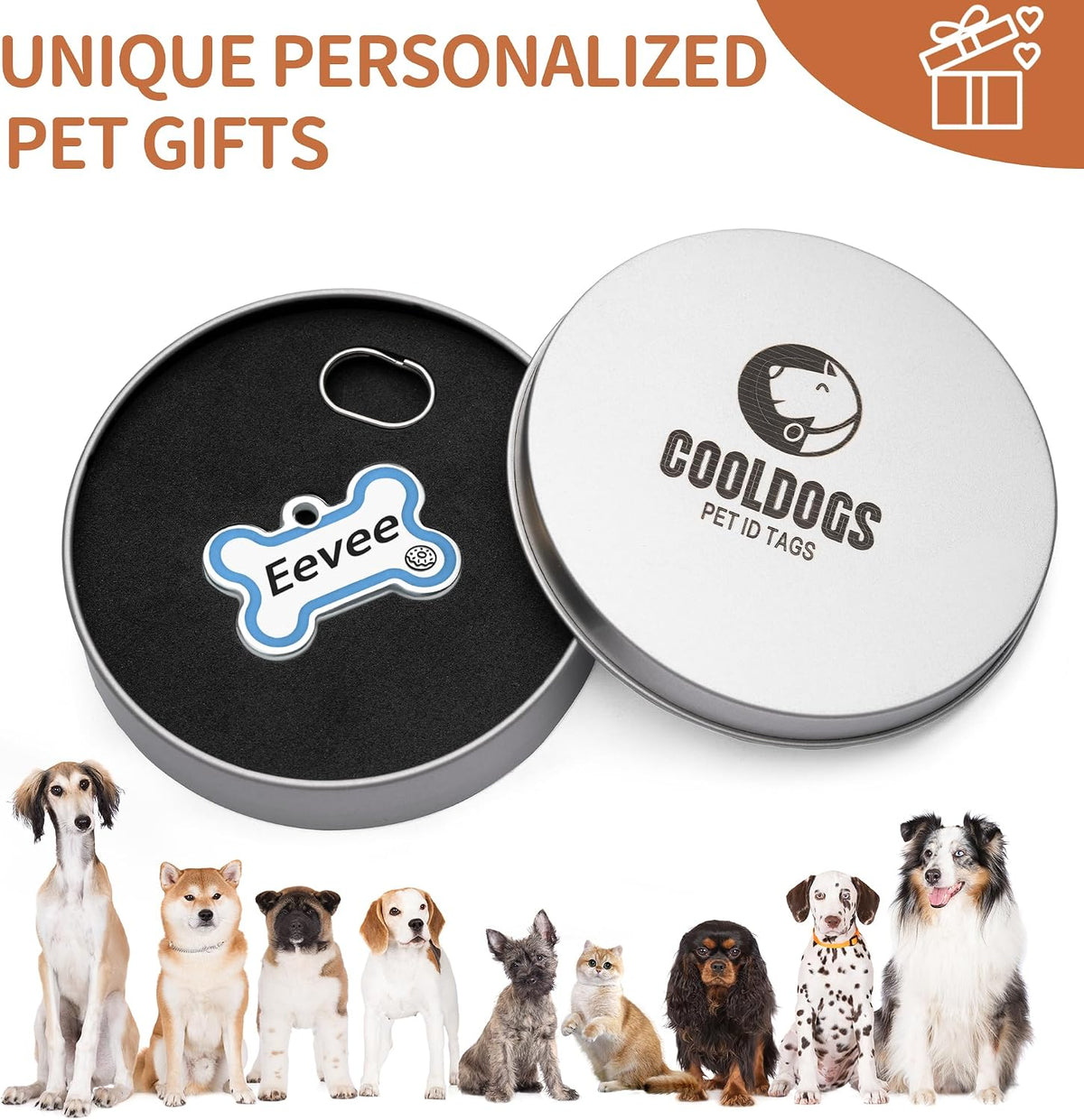 Premium personalized bone shaped identification tag for cats and dogs on a neutral background.