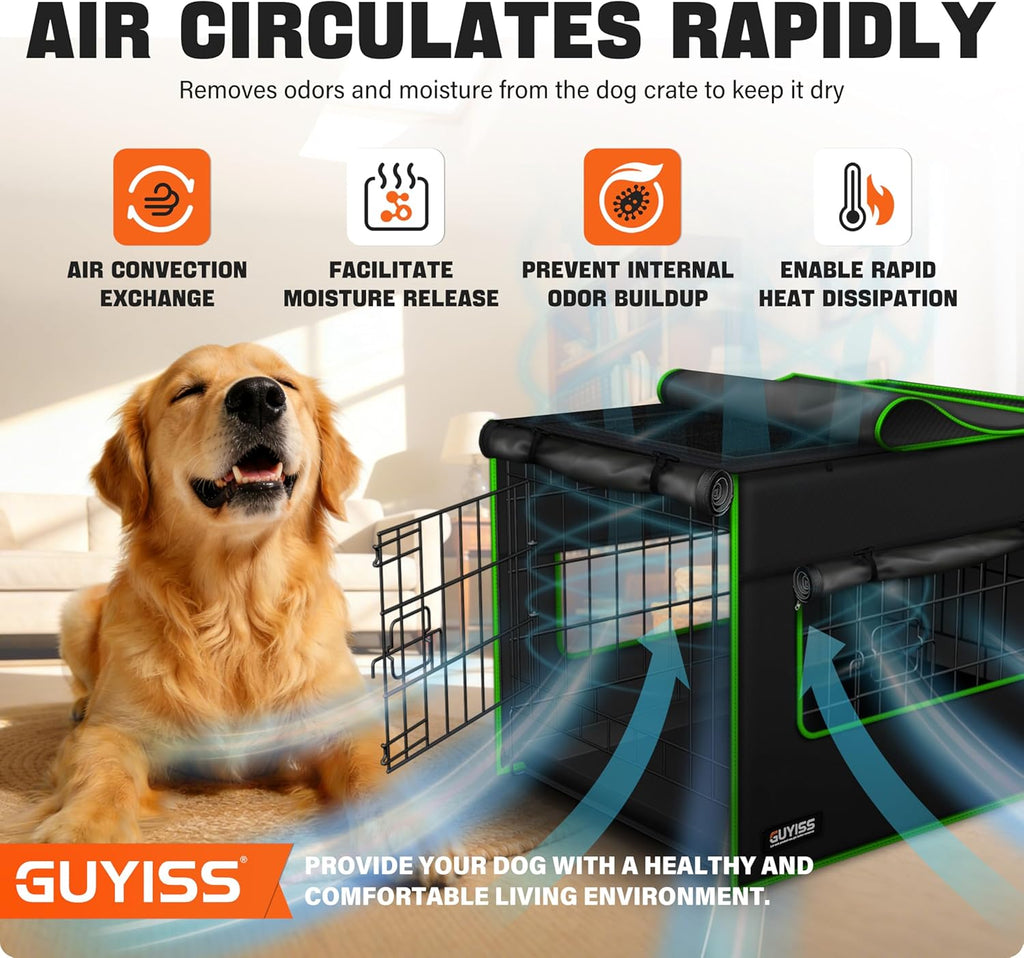 GUYISS pet cage cover side view with rolled-up flaps displaying the internal mesh window.