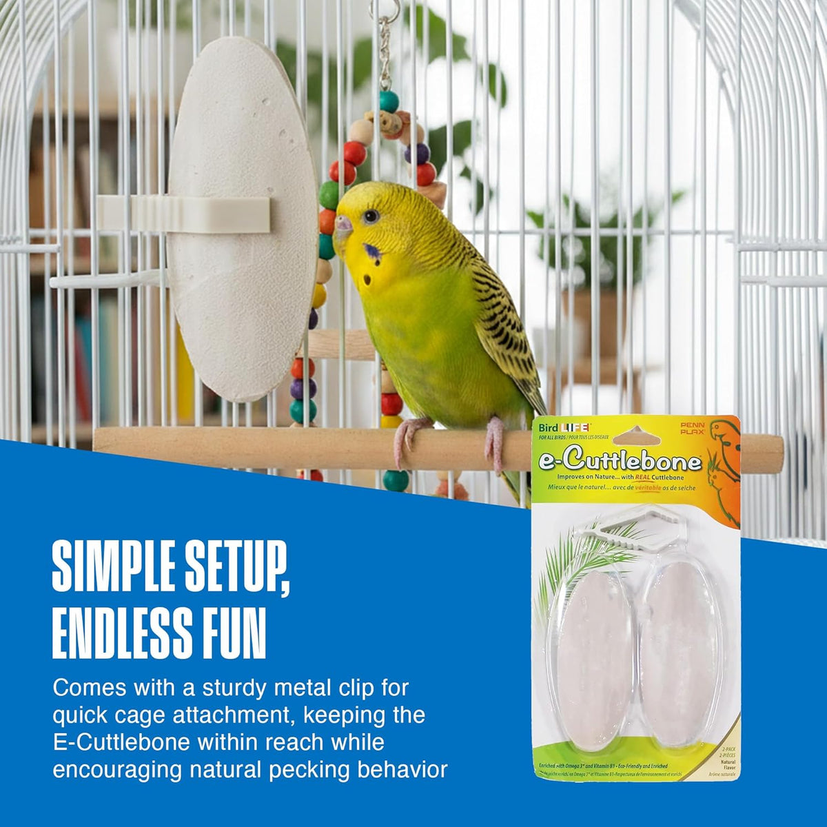 Bird pecking at Penn-Plax E-Cuttlebone inside a cage