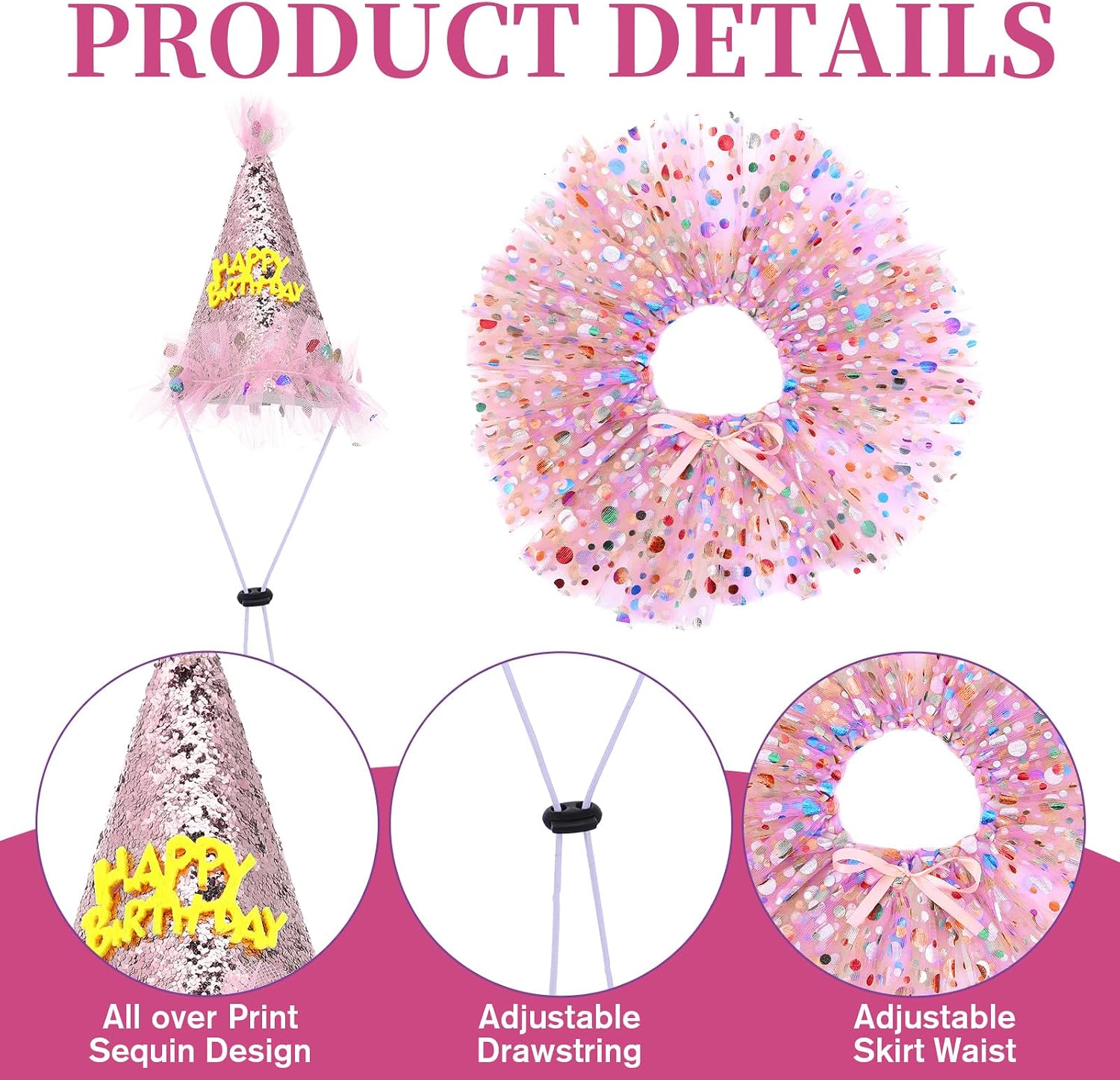 Sparkling pink pet birthday cone hat close up with elastic strap