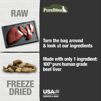 PureBites freeze dried dog snacks showing human grade USA sourcing label