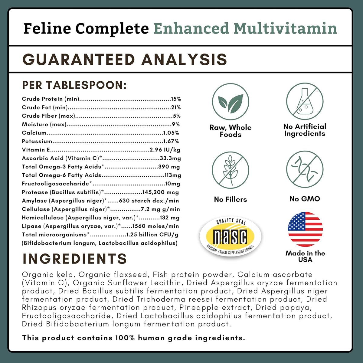 Wholistic Pet Organics Feline Complete organic cat supplement container side view