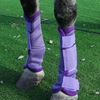 Four pack of purple mesh horse boots laid out flat showing contoured shape