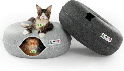 Cattasaurus Peekaboo Cat Cave Donut for Multiple & Large Cats up to 30-45 lbs, 3-in-1 Self Warming Cat Bed, Tunnel & Scratcher for Indoor Cats, Washable & Detachable Small Dog Bed (Light Gray, Large) - Image 15