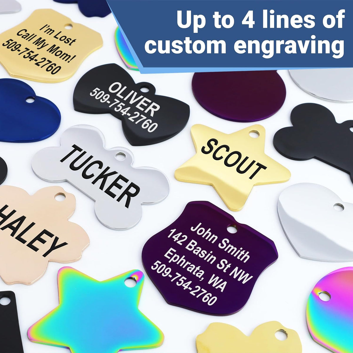 GoTags authentic imported pet safety tag showing double sided custom text engraving quality