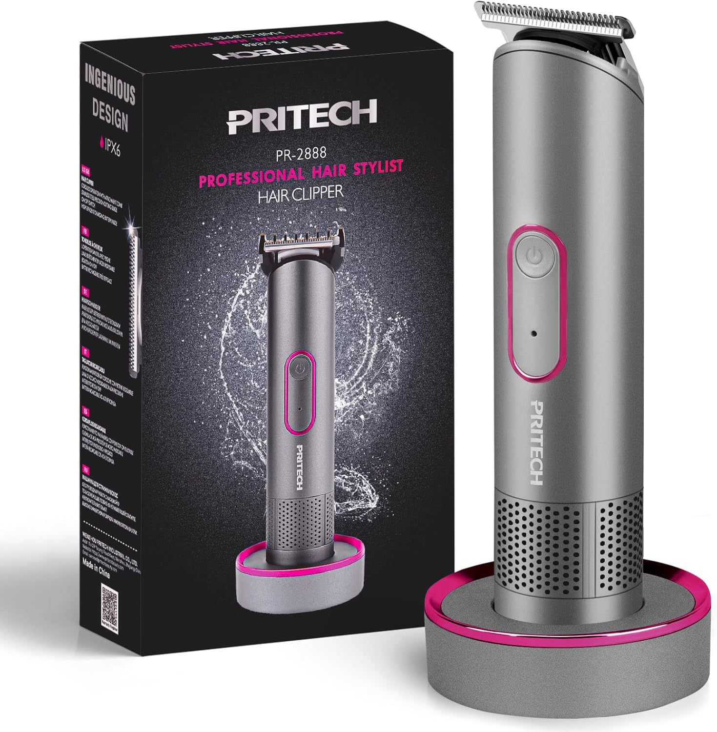 PRITECH pubic hair trimmer for women front view in aurora gray with fuchsia accent