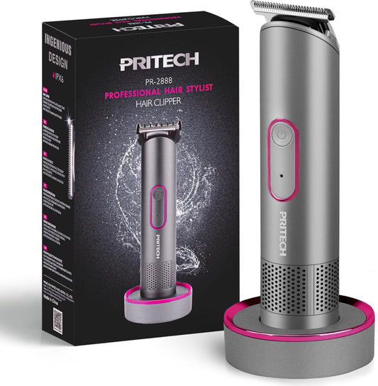 PRITECH pubic hair trimmer for women front view in aurora gray with fuchsia accent