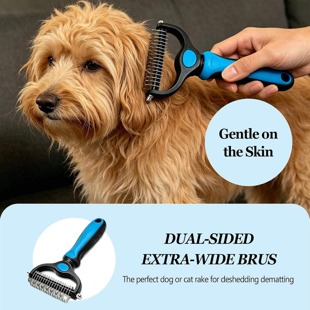 Pet pro grooming tool showing the ergonomic blue and black anti slip handle