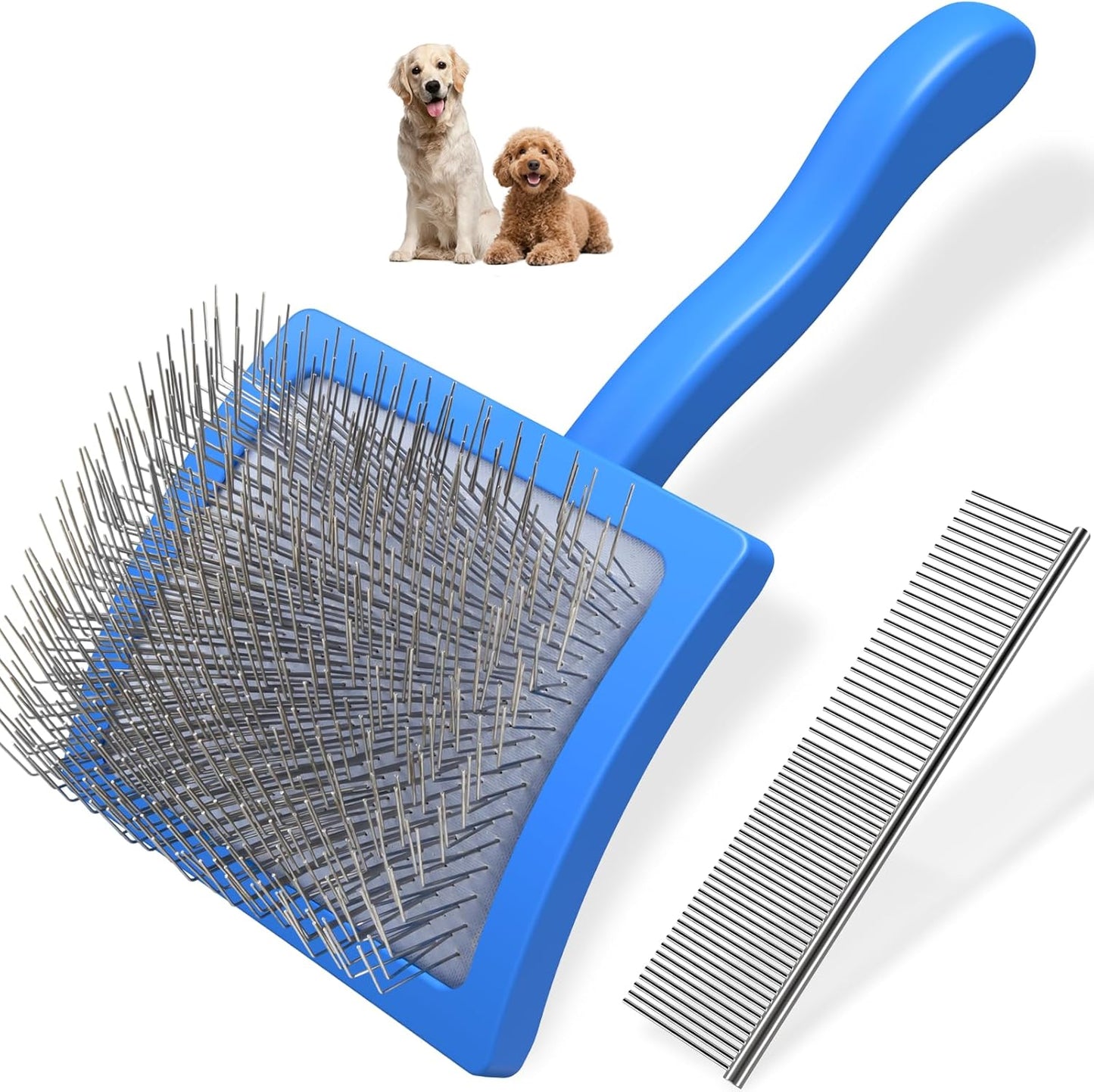 Saccison professional dog slicker brush and comb set front view for doodle grooming.