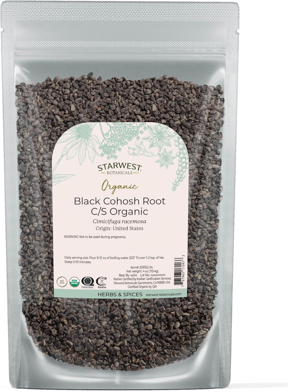 Starwest Botanicals Organic Black Cohosh Root 4 ounce pouch front view