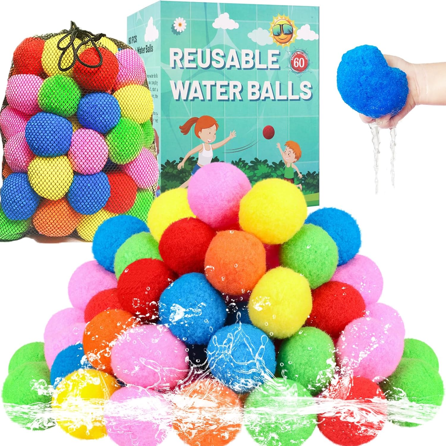 BEFANS reusable water soaker balls sixty pieces set front view showing vibrant multi-colored fabric spheres for outdoor summer games
