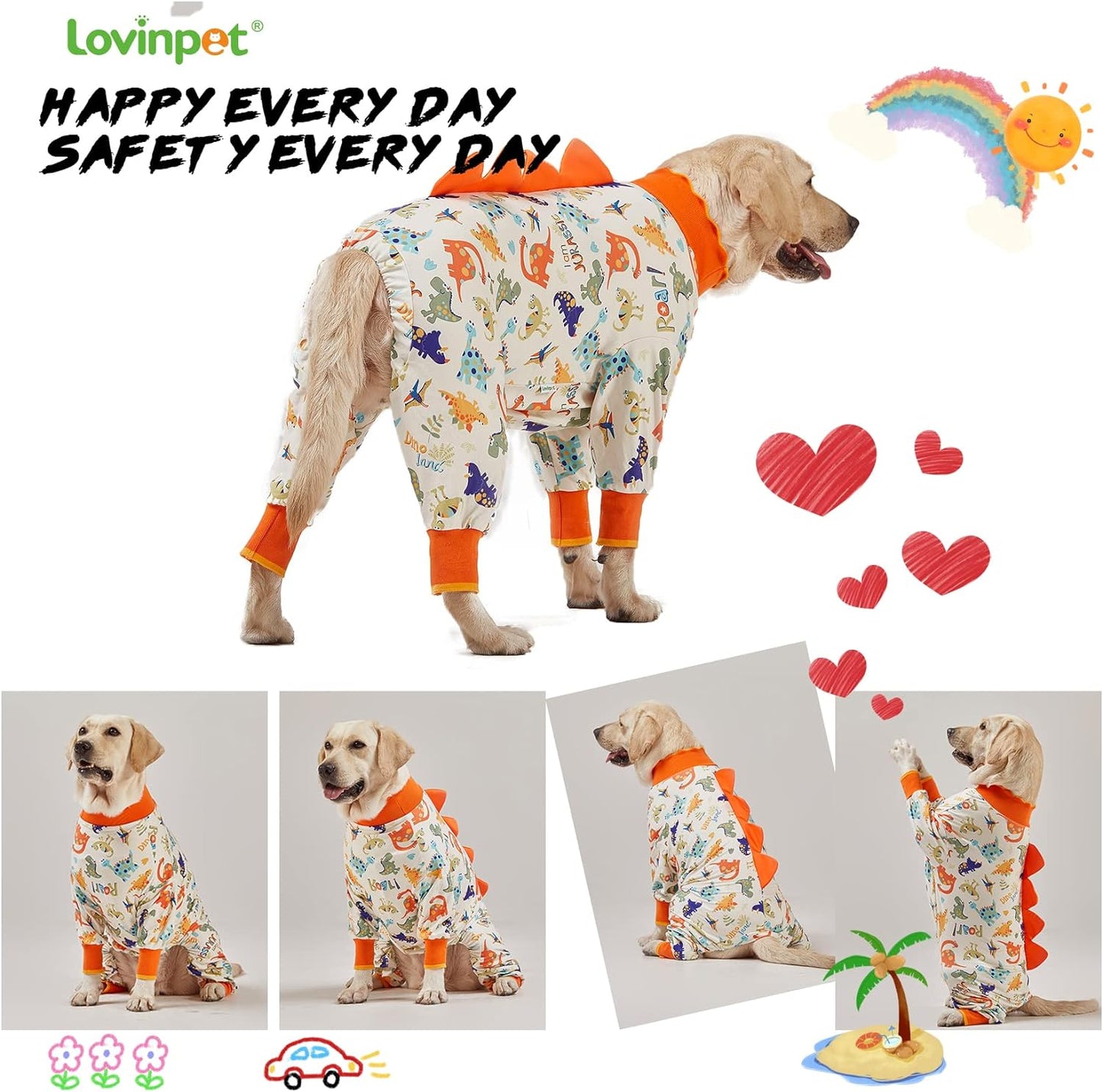 LovinPet dinosaur pattern pet pajamas worn by a golden retriever relaxing indoors to prevent coat shedding.