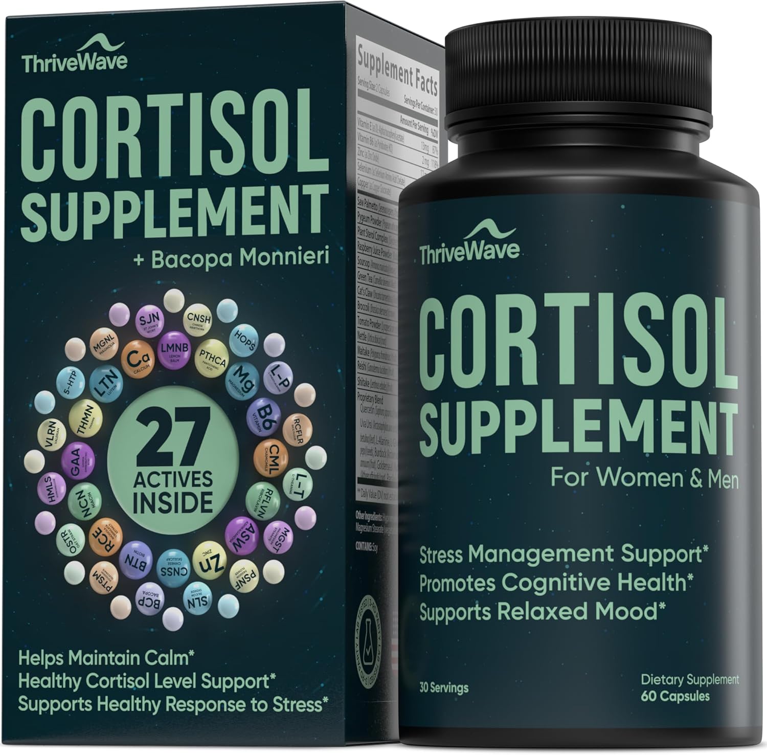 ThriveWave Cortisol Stress and Mood Support 60 capsules front view for anxiety relief