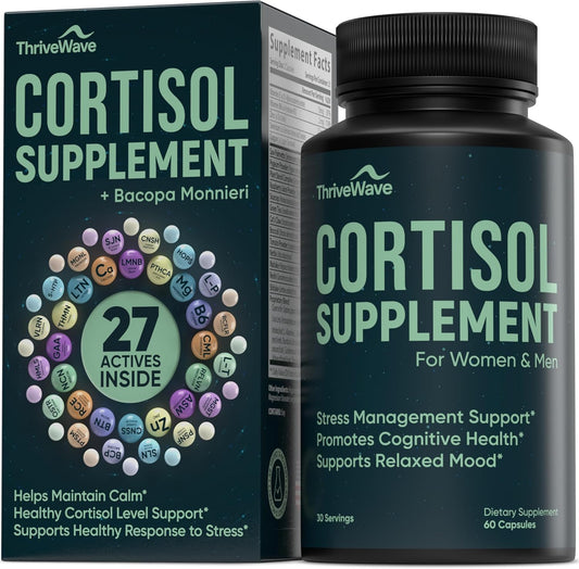 ThriveWave Cortisol Stress and Mood Support 60 capsules front view for anxiety relief