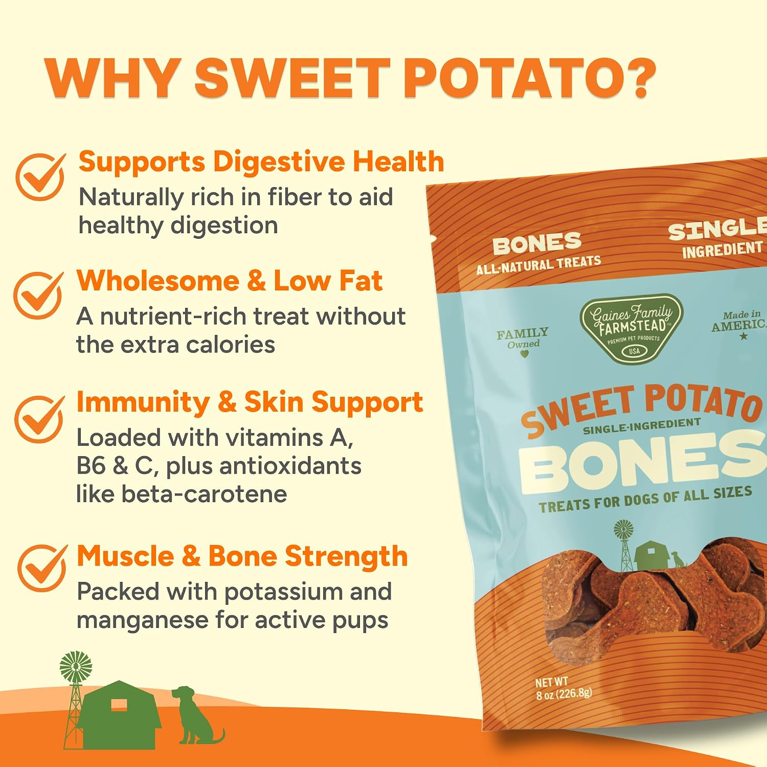 Authentic USA imported sweet potato dog bones in packaging