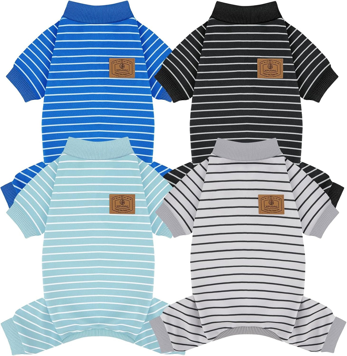 XPUDAC 4 Pack Striped Dog Pajamas front view on a small dog.