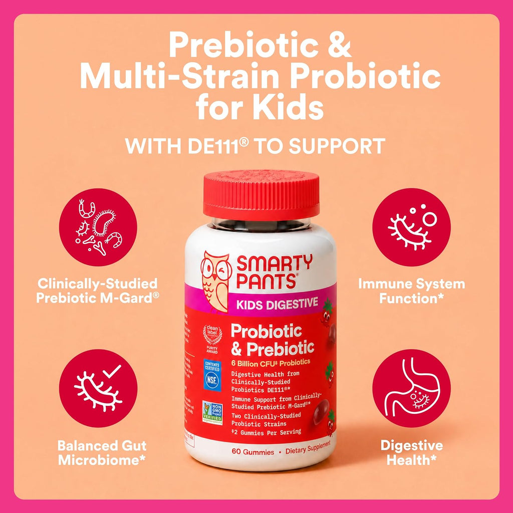 SmartyPants gut health supplement bottle with strawberry flavor label