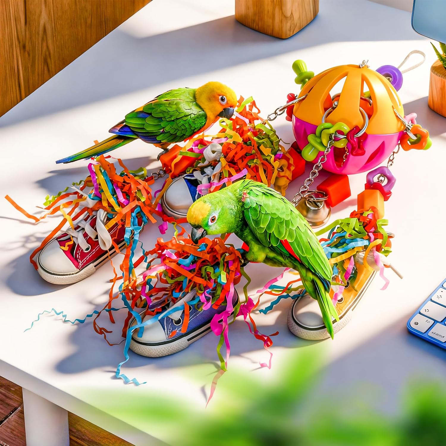 Loperdeve conure and cockatiel chew toy showcasing pink and yellow design details