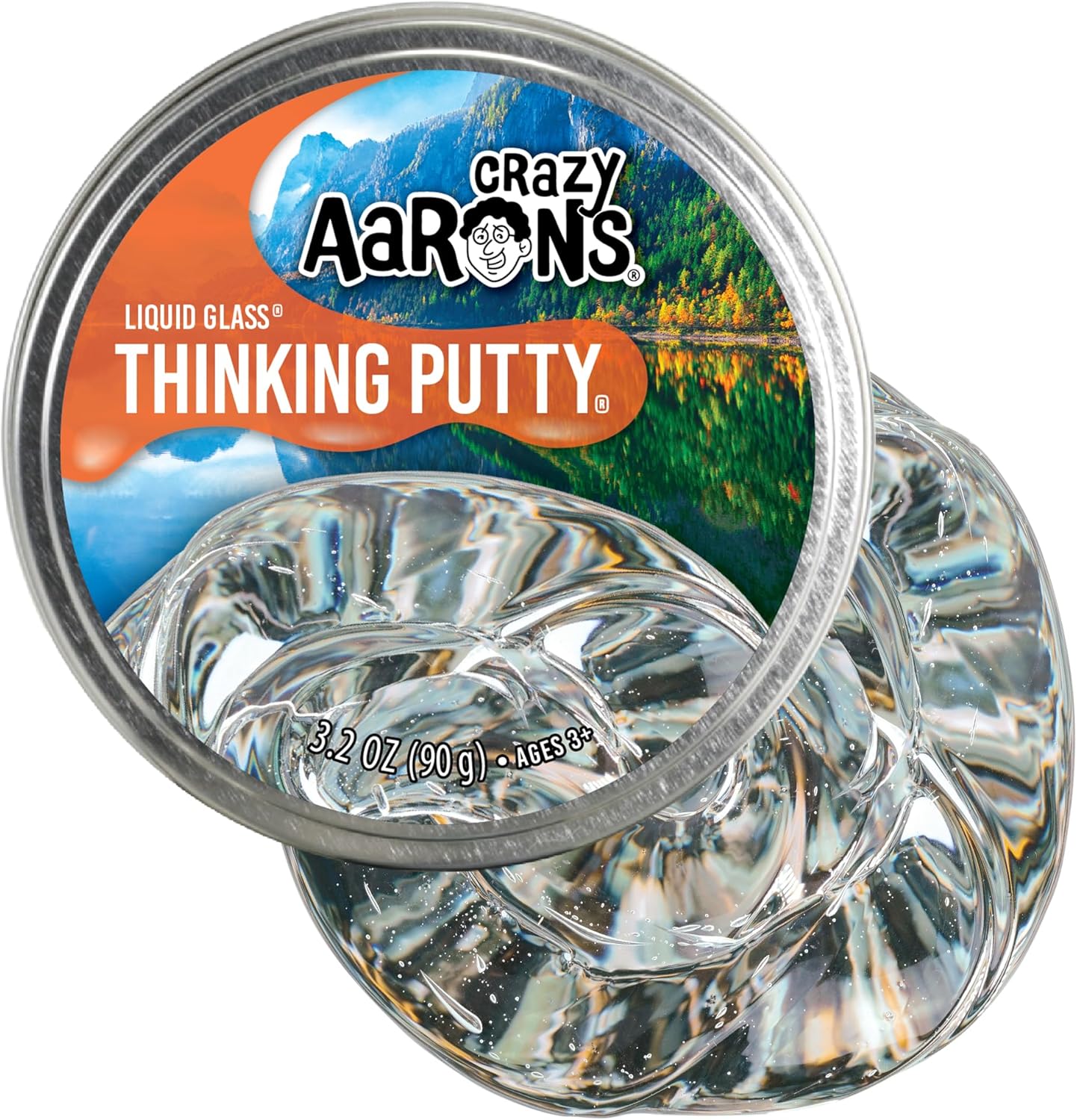 Crazy Aaron's Thinking Putty Liquid Glass in four inch metal tin front view