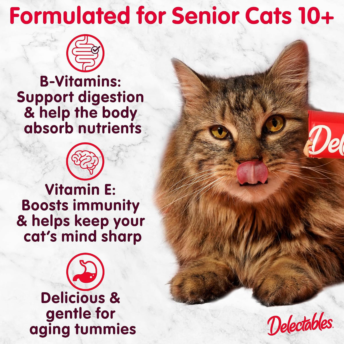 Delectables senior cat treats variety pack packaging details.