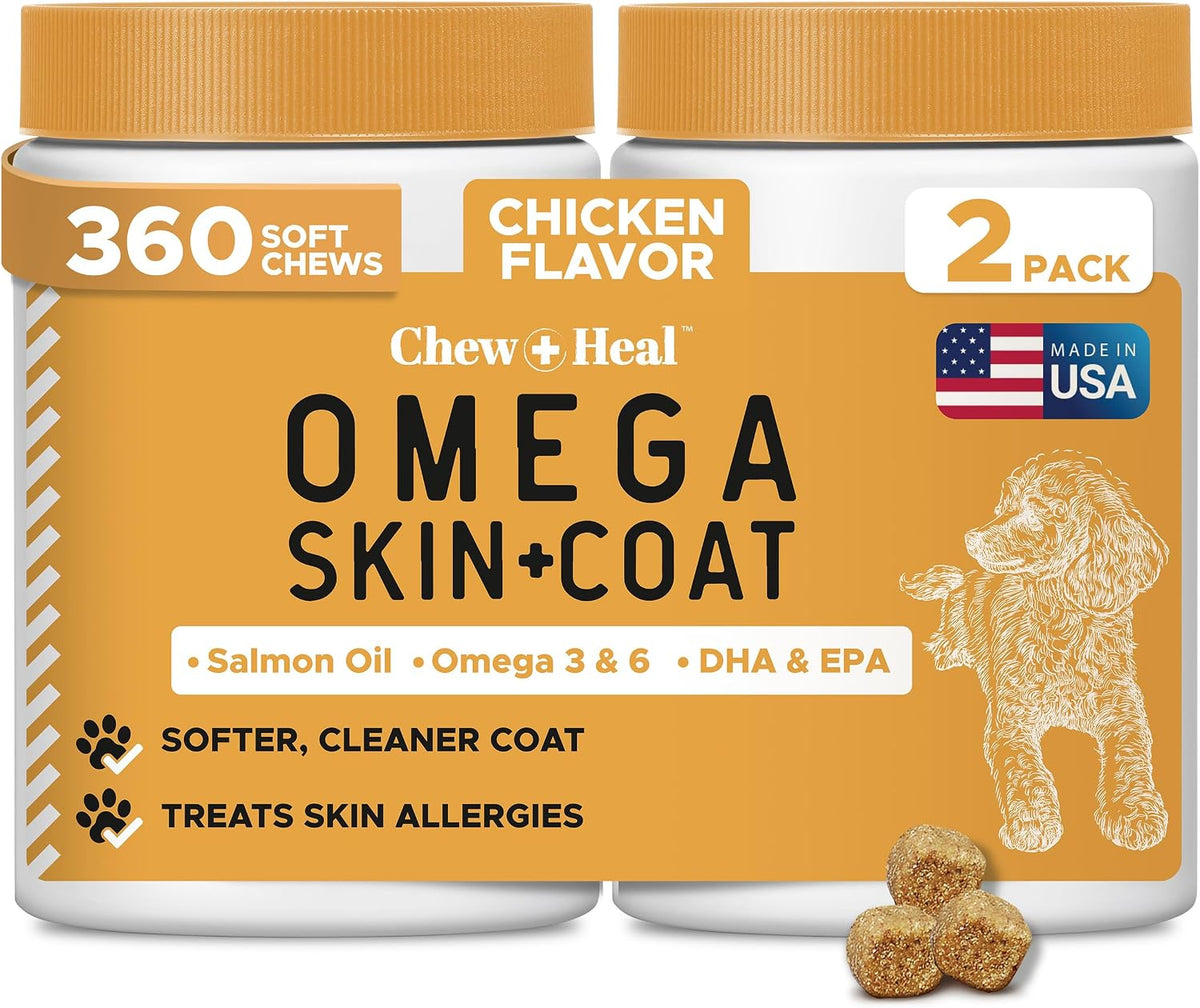 Omega 3 Fish Oil for Dogs - 180 Soft Chews for Itch Relief, Shedding & Hot Spots - Skin and Coat Supplement - Salmon Oil, EPA & DHA - Allergy Chews - Made in USA - Chew + Heal - Image 15