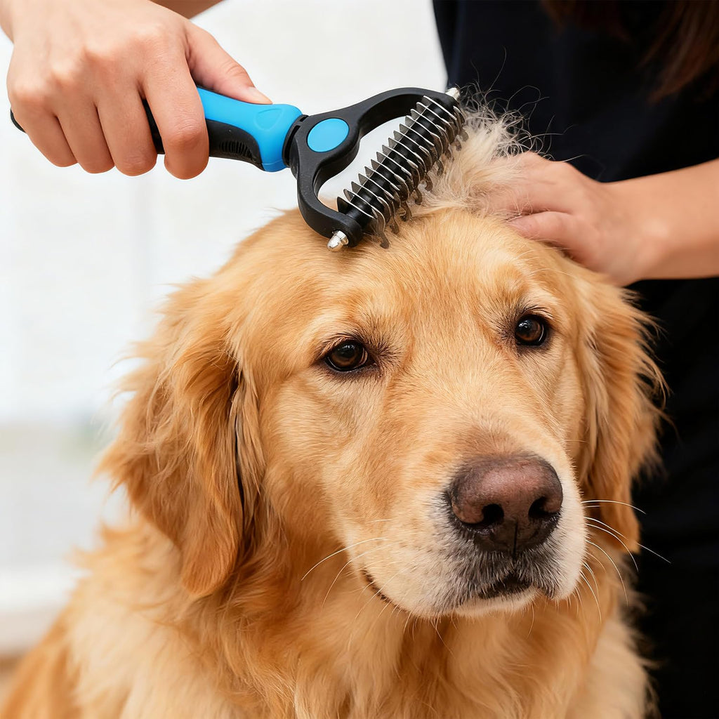Stainless steel pet dematting brush cutting through tough fur knots