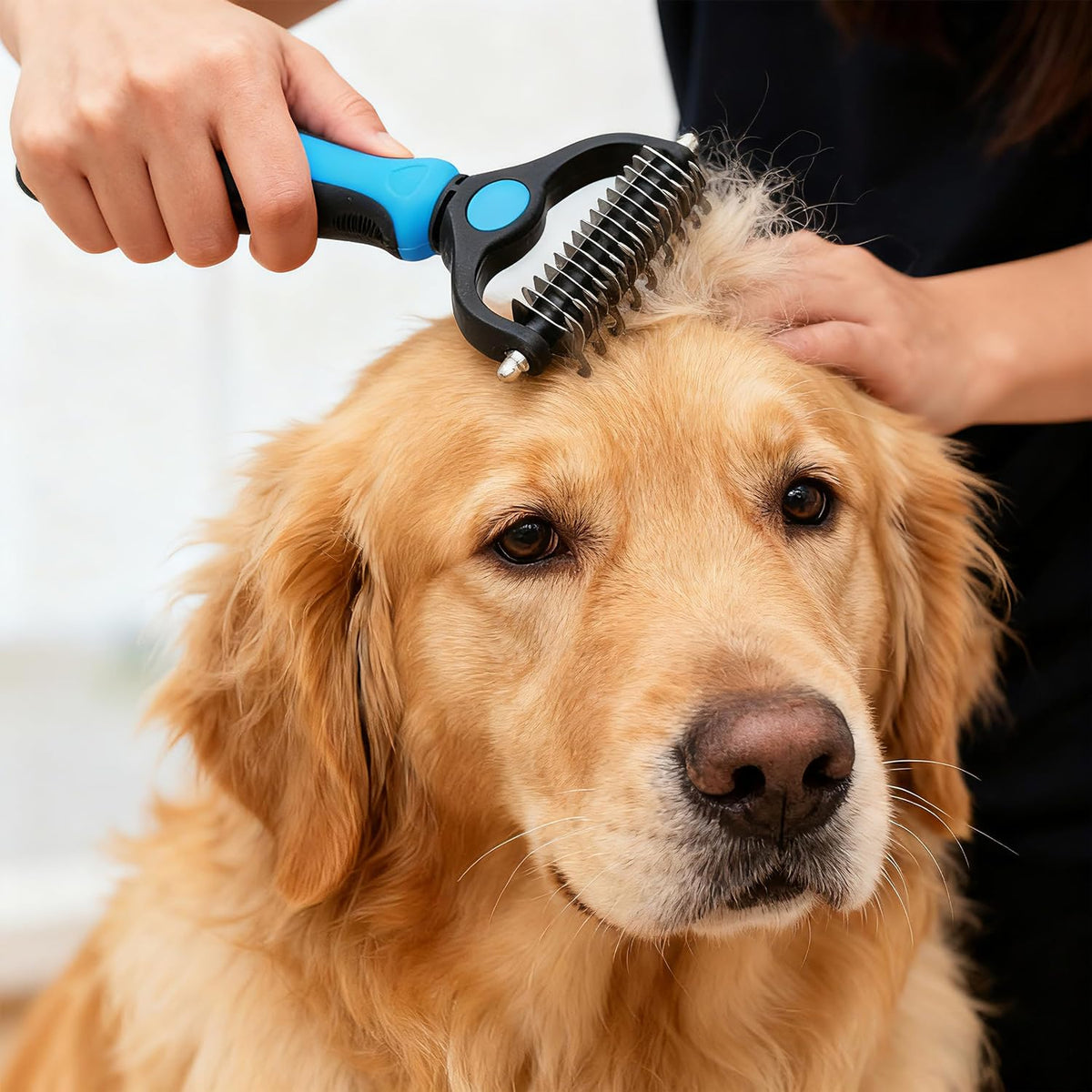 Stainless steel pet dematting brush cutting through tough fur knots