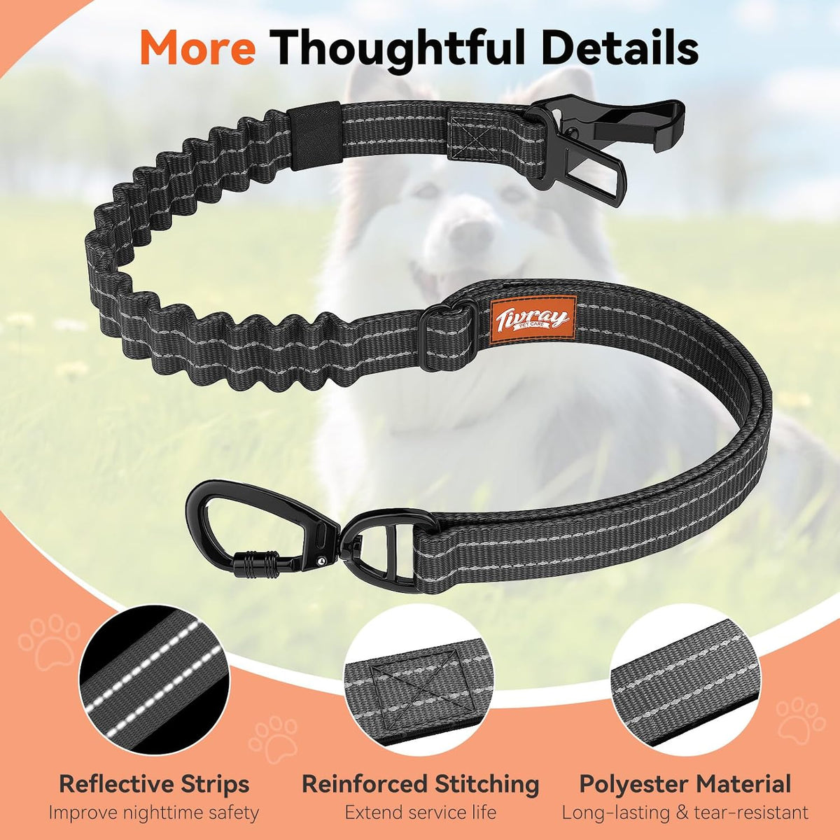 Tivray grey dog seat belt showing latch bar attachment