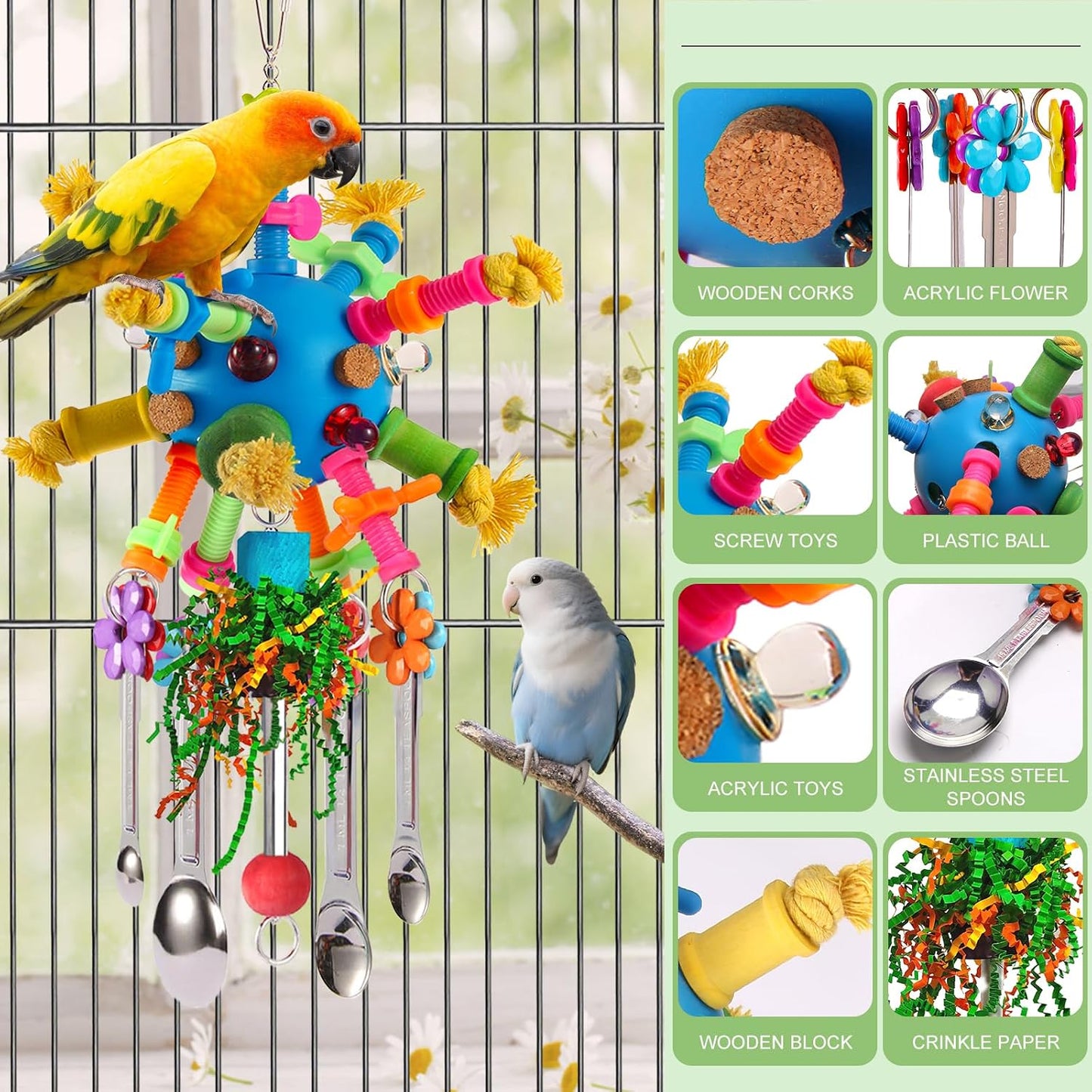 Central blue holey foraging ball on a hanging bird toy filled with crinkly paper