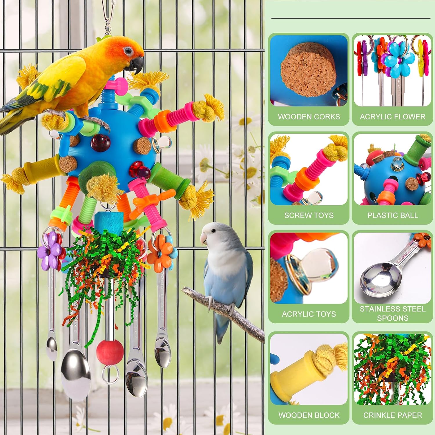 Central blue holey foraging ball on a hanging bird toy filled with crinkly paper