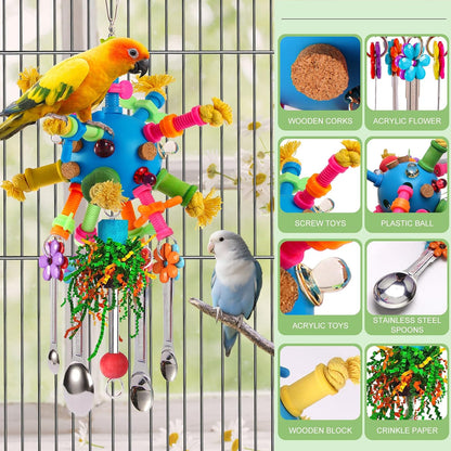 Central blue holey foraging ball on a hanging bird toy filled with crinkly paper