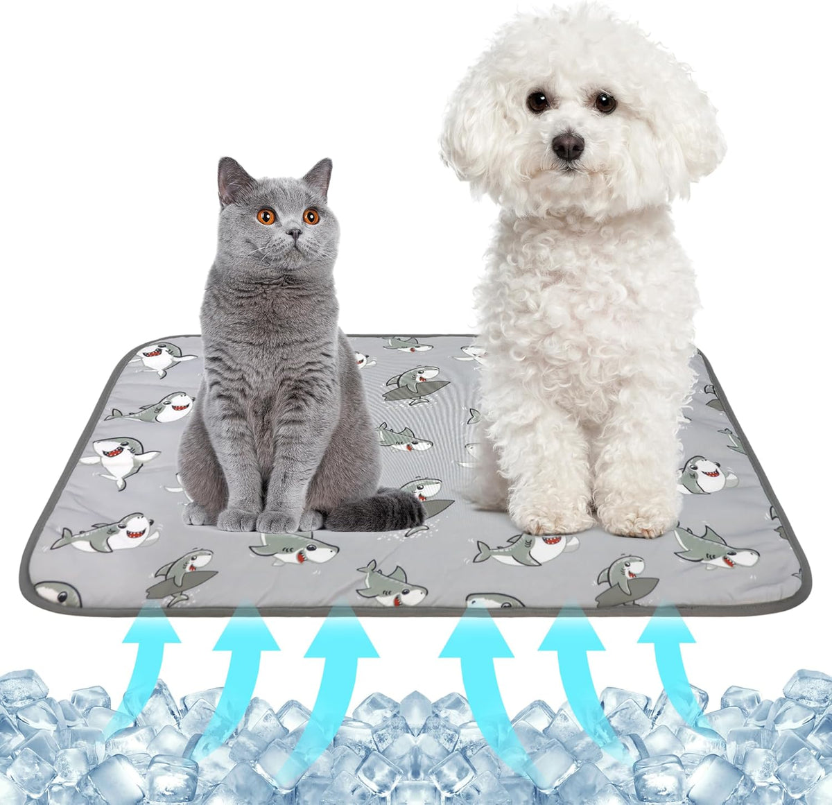 NACOCO Summer Pet Cooling Mat front view showing the grey shark pattern design.