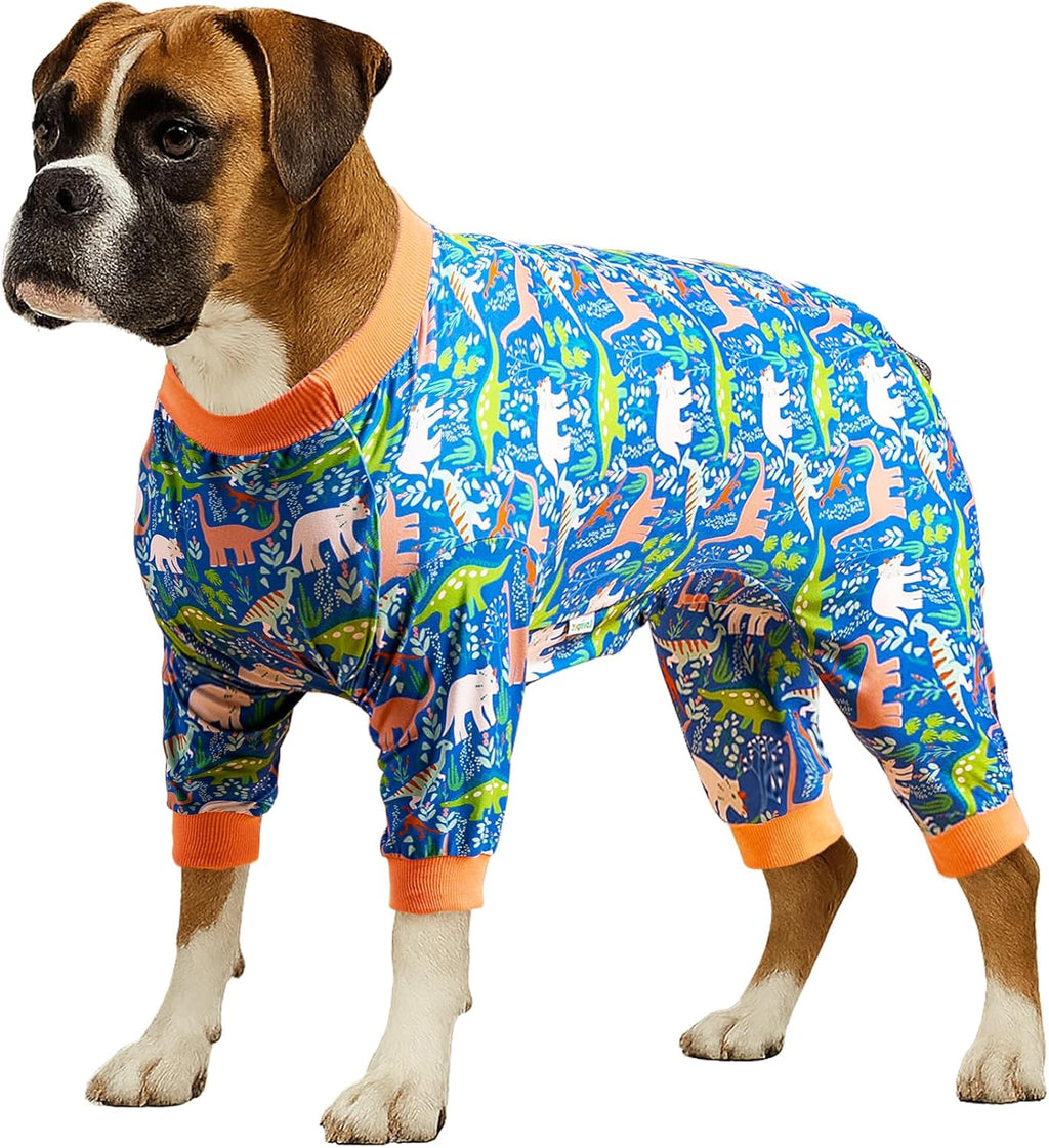LovinPet large breed dog pajamas front view dinosaur print recovery suit