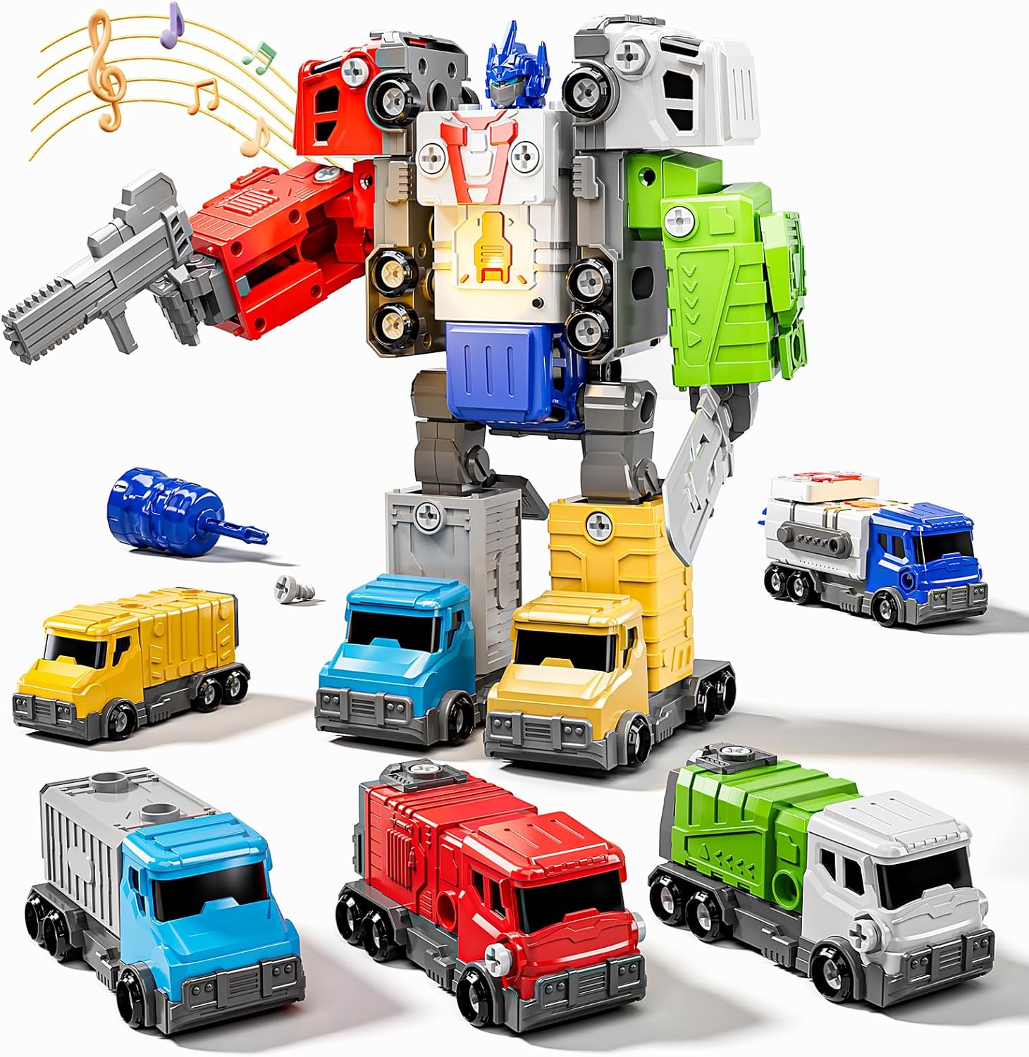 Watudou 5-in-1 robot toy set featuring five construction trucks in a front view.
