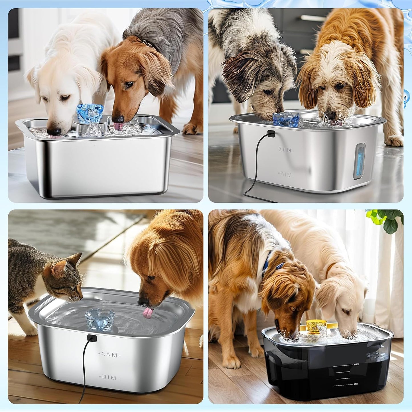 Clean water flowing from pet fountain with new filter installed