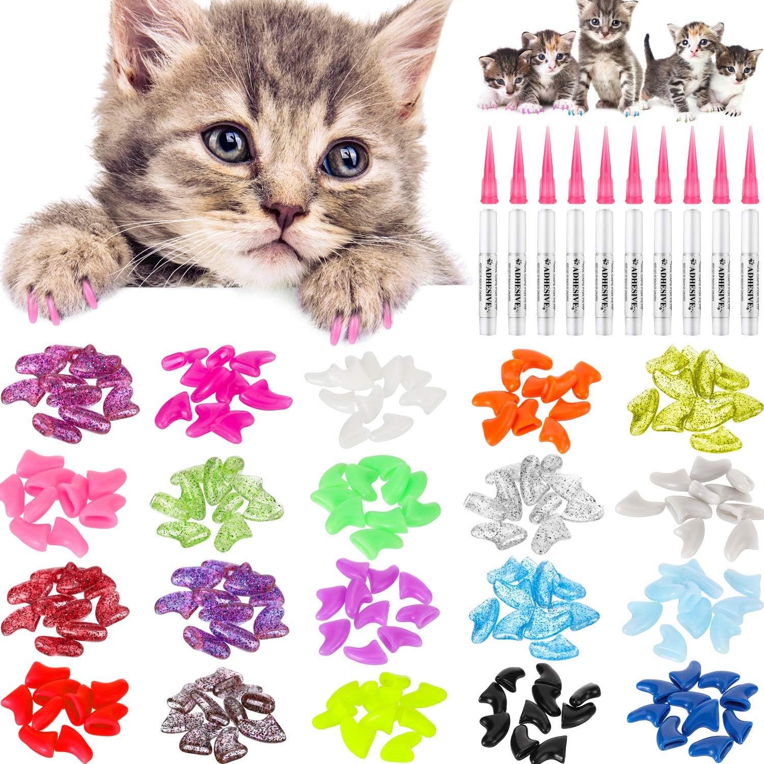 Willbond 200 pieces cat claw caps kit front view showing 20 colors for indoor pet grooming.