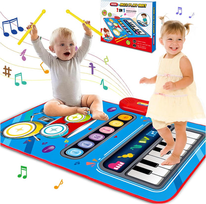 Aitbay baby musical mat front view displaying the colorful piano keys and drum set sections.