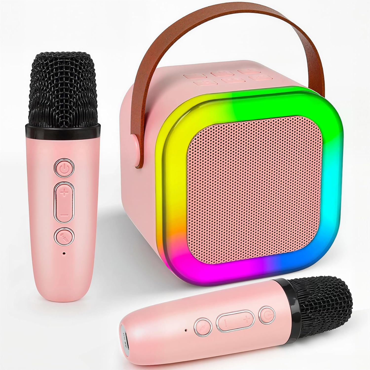 CZTCDP mini karaoke machine for kids showing pink speaker front view with wireless microphones.