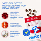 Back label of Native Pet Dog UTI Treatment showing clean ingredients list and daily weight dosage instructions.