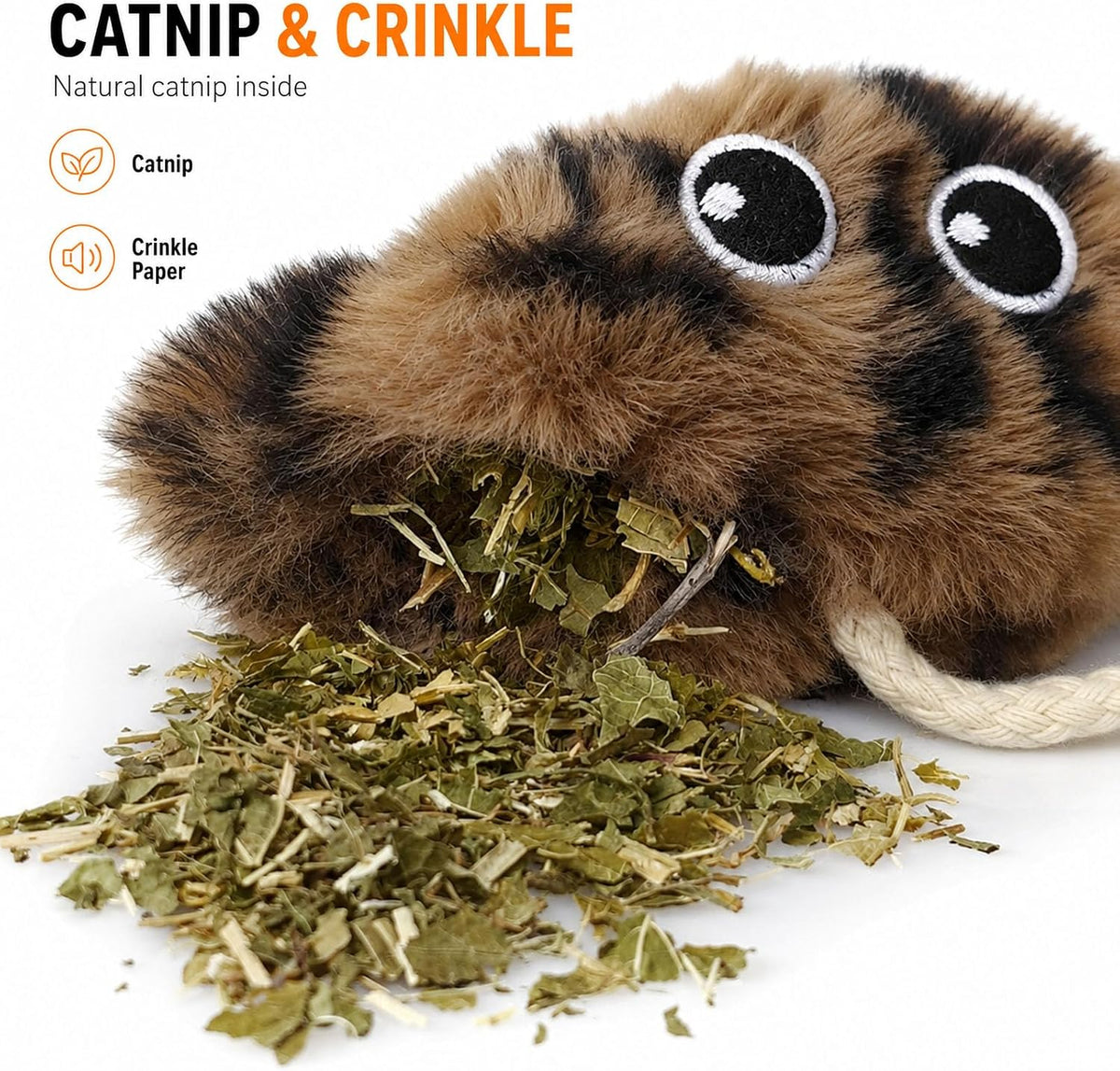 URMYONLY hanging cat toy three pack showing the plush mouse and bird accessories.